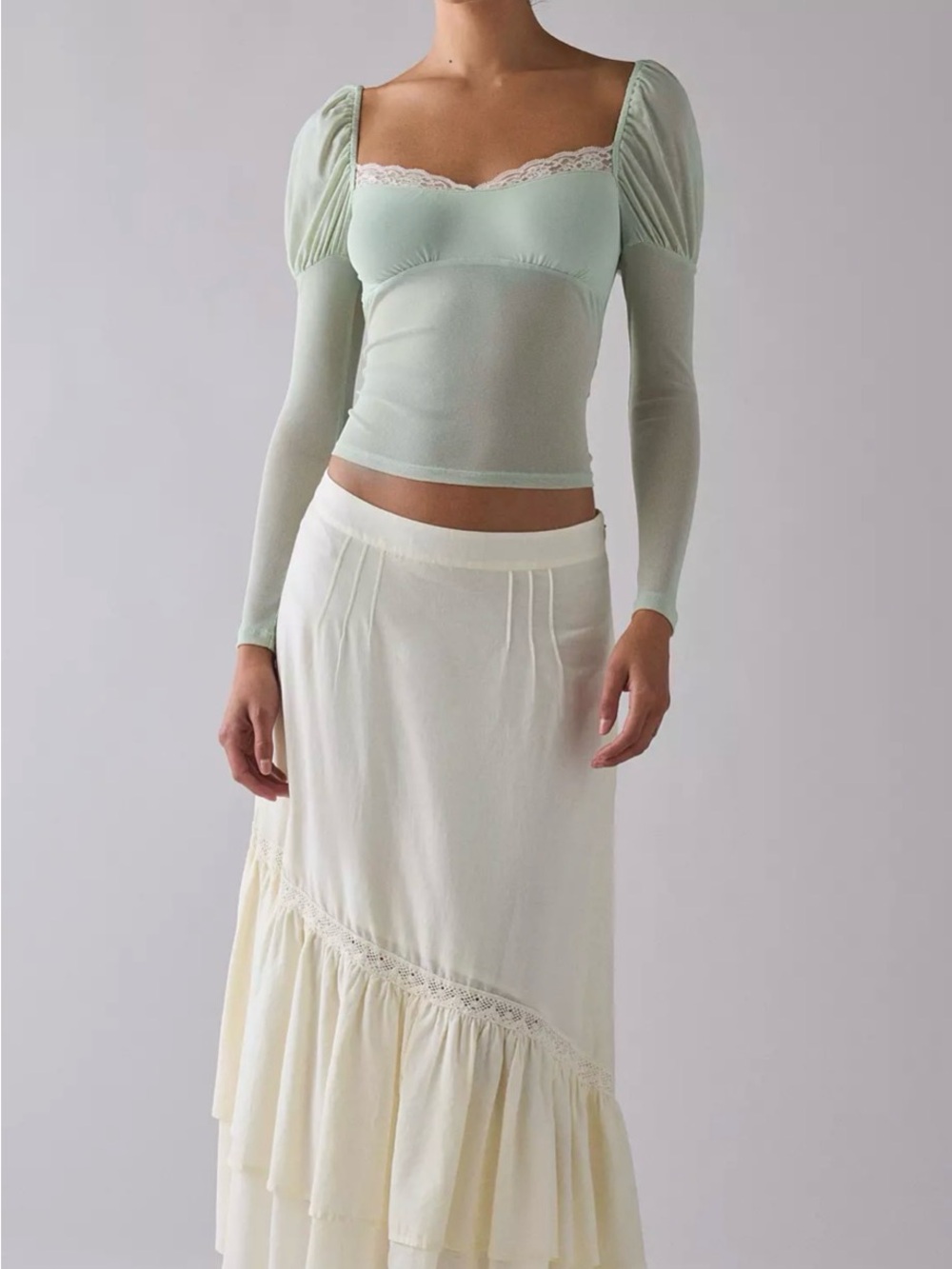 Kimchi Blue Mint Green Square-Neck Puff Sleeve Mesh Top